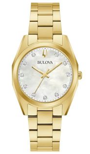 97P172 Elegant women's watch from Bulova with mother-of-pearl dial and 11 diamonds in gold-toned steel - Surveyor Collection | 97P172