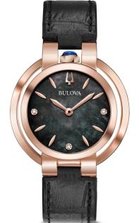 97P139 Bulova Rubaiyat women's watch with black mother-of-pearl dial, diamonds, and rose gold case | 97P139