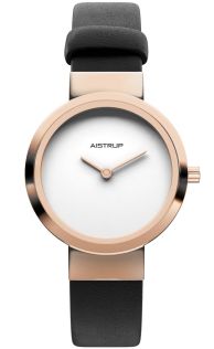 AIW7606 Minimalist Aistrup women's watch with a pure white dial, rose finish, and black leather strap for the modern woman | AIW7606