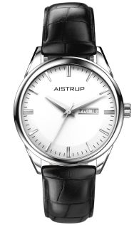 AIW7802 Elegant men's watch with white dial, day and date display, and black leather strap in crocodile texture | AIW7802