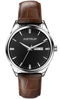 AIW7803 Sophisticated men's watch with black dial, day and date display, and brown leather strap in elegant crocodile texture | AIW7803