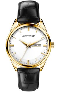 AIW7806 Exclusive men's watch with white dial, day and date display in golden finish with black crocodile-textured leather strap | AIW7806