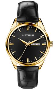 AIW7808 Luxurious men's watch with black dial, day and date display in golden finish with elegant black leather strap in crocodile texture | AIW7808