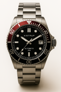 AIW8302 Stylish automatic diver's watch with black dial, red bezel, and 200 meters professional-grade water resistance | AIW8302