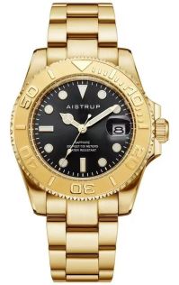 AIW8803 Aistrup luxurious men's watch with black dial, gold-tone rotating bezel, and gold-tone steel bracelet | AIW8803