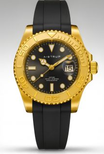 AIW8804 Aistrup sporty men's watch with black dial, gold-toned rotating bezel, and black rubber strap | AIW8804