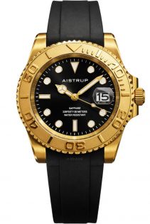 AIW8804 Aistrup sporty men's watch with black dial, gold-toned rotating bezel, and black rubber strap | AIW8804