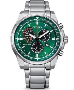 AT1190-87X Citizen Eco-Drive sports watch with chronograph, green dial, and tachymeter scale | AT1190-87X