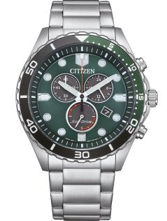 AT2561-81X Citizen Eco-Drive chronograph in steel with H500 movement and green dial | AT2561-81X