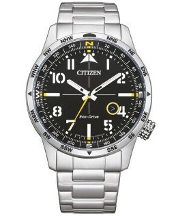 BM7550-87E Citizen Eco-Drive men's watch in steel with compass | Pilot design with Arabic numerals and 100m water resistance | BM7550-87E