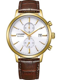 CA7062-15A Citizen Eco-drive chronograph with gold-plated case | Classic men's watch with white dial and brown leather strap | CA7062-15A