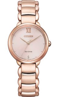 EM0922-81X Citizen Eco-Drive women's watch in rose with diamond, Roman numerals, and sapphire crystal | EM0922-81X
