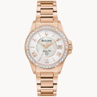 98R295 Bulova Marine Star women's watch with mother-of-pearl dial, diamonds, and rose gold finish | 98R295