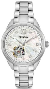 96P181 Bulova Classic automatic women's watch with mother-of-pearl dial, genuine diamonds, and visible movement | 96P181