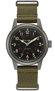 98A255 Bulova Hack Watch automatic military watch with 24-hour display and green leather strap | 98A255