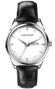 AIW7802 Elegant men's watch with white dial, day and date display, and black leather strap in crocodile texture | AIW7802
