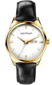 AIW7806 Exclusive men's watch with white dial, day and date display in golden finish with black crocodile-textured leather strap | AIW7806