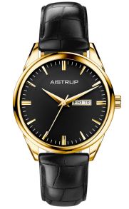AIW7808 Luxurious men's watch with black dial, day and date display in golden finish with elegant black leather strap in crocodile texture | AIW7808