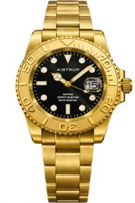 AIW8803 Aistrup luxurious men's watch with black dial, gold-tone rotating bezel, and gold-tone steel bracelet | AIW8803