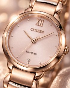 EM0922-81X Citizen Eco-Drive women's watch in rose with diamond, Roman numerals, and sapphire crystal | EM0922-81X