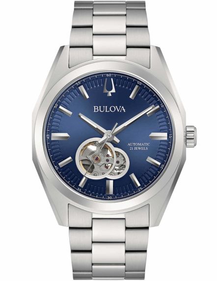 Bulova Surveyor automatic men's watch with blue dial and visible movement | 96A275