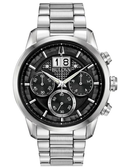 Bulova Sutton chronograph men's watch with black textured dial and steel bracelet | 96B319