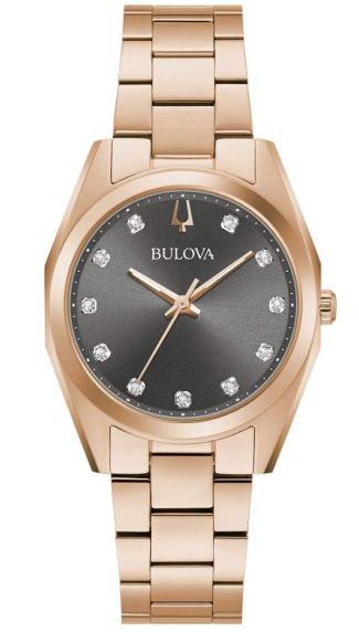 Bulova Surveyor women's watch with gray dial, genuine diamonds, and rose gold-tone steel case | 97P156