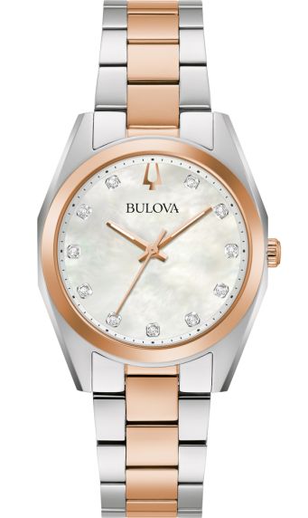 Bulova Surveyor women's watch with mother-of-pearl dial, diamonds, and two-tone steel bracelet | 98P207