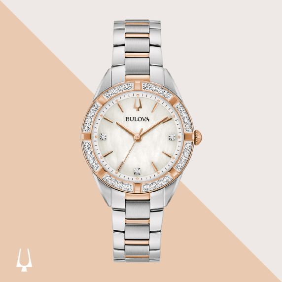 Bulova Sutton women's watch with mother-of-pearl dial, diamonds, and two-tone steel bracelet | 98R281