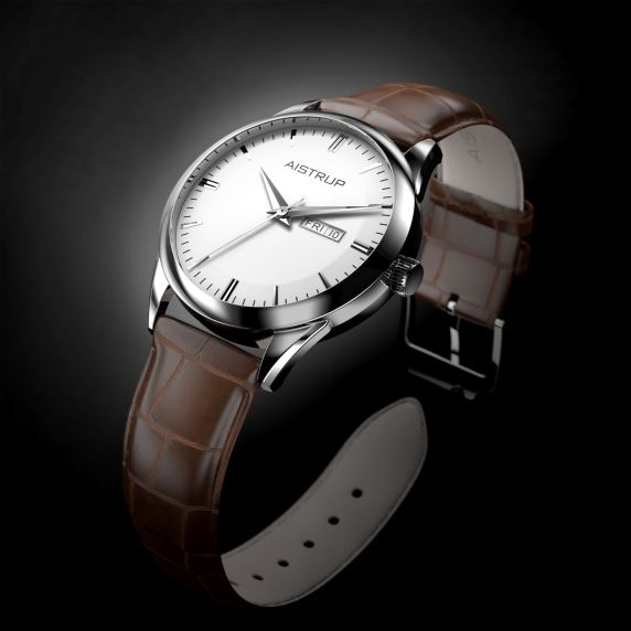 Classic men's watch with white dial, date and day display, and brown leather strap from the Aistrup Classic 78 collection | AIW7801