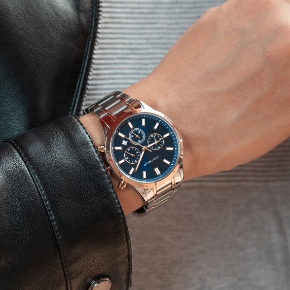 Elegant men's watch with blue dial, chronograph function, and 43mm case in two-tone steel and rose design with matching bi-color bracelet | AIW8005