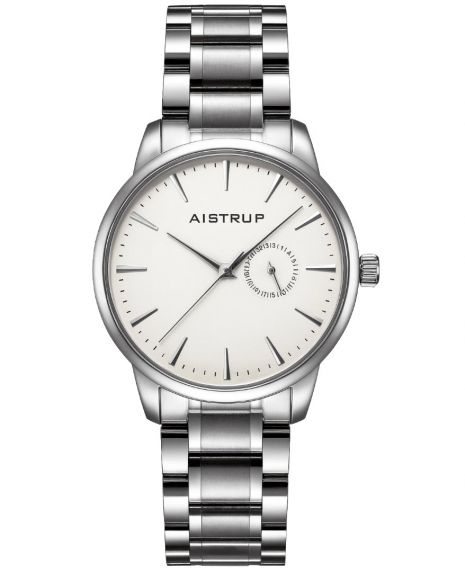 Elegant men's watch with white dial, date display, and stainless steel bracelet in minimalist design | Aistrup Rounded Elegance AIW8201