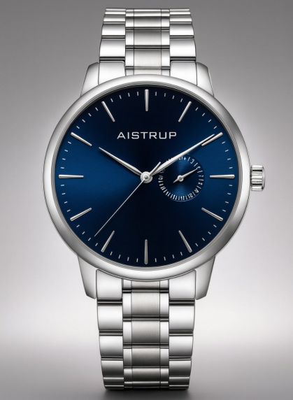 Sophisticated men's watch with navy blue dial, date display, and stainless steel bracelet in Nordic design | Aistrup Rounded Elegance AIW8202