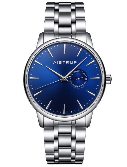 Sophisticated men's watch with navy blue dial, date display, and stainless steel bracelet in Nordic design | Aistrup Rounded Elegance AIW8202