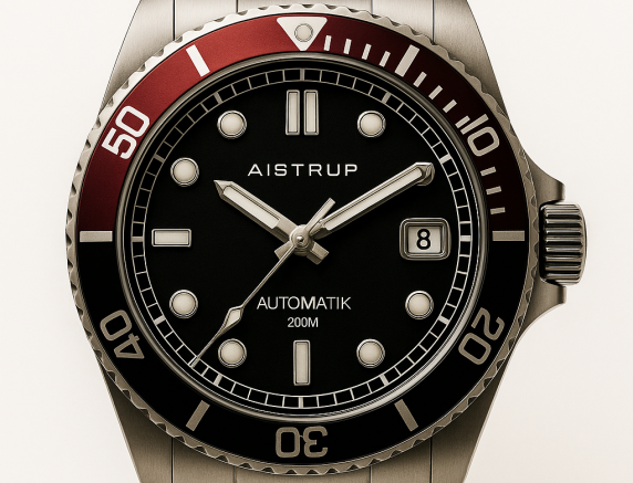 Stylish automatic diver's watch with black dial, red bezel, and 200 meters professional-grade water resistance | AIW8302
