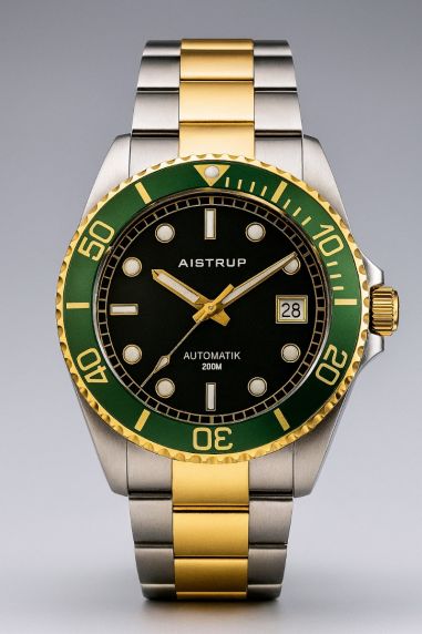 Prestigious automatic diver's watch with black dial, green bezel, and bi-color strap in elegant steel and gold design | AIW8304