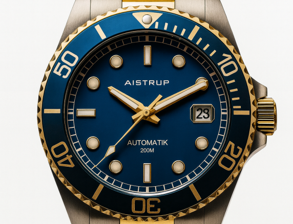 Elegant automatic diver's watch with blue dial, matching blue bezel, and two-tone steel and gold bracelet for the discerning man | AIW8305