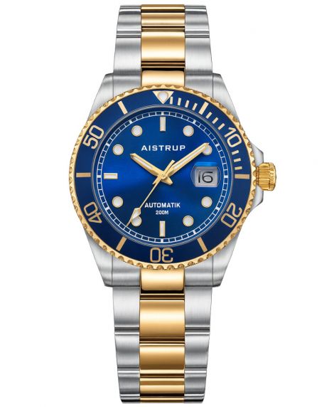 Elegant automatic diver's watch with blue dial, matching blue bezel, and two-tone steel and gold bracelet for the discerning man | AIW8305