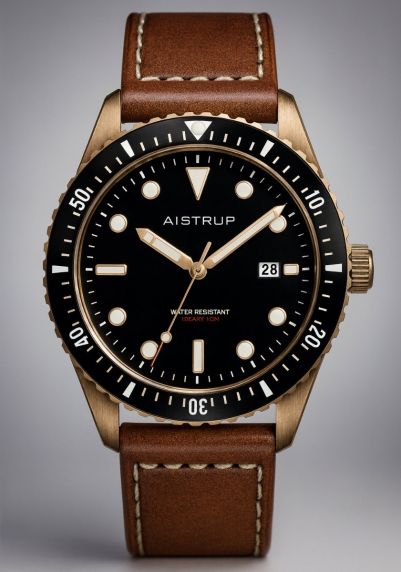 Vintage-inspired men's watch in brass with black dial, leather strap, and 100 meters water resistance in maritime design | AIW8501