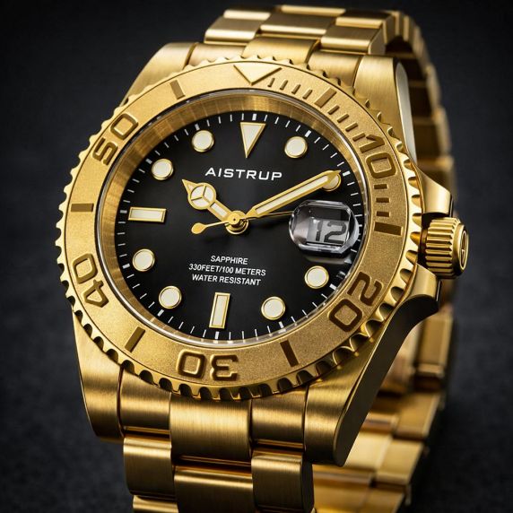 Aistrup luxurious men's watch with black dial, gold-tone rotating bezel, and gold-tone steel bracelet | AIW8803