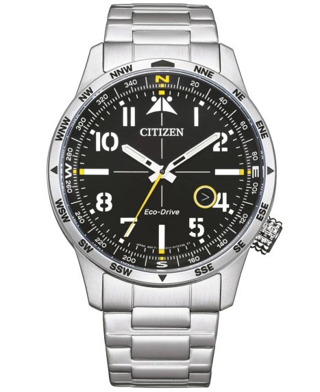 Citizen Eco-Drive men's watch in steel with compass | Pilot design with Arabic numerals and 100m water resistance | BM7550-87E