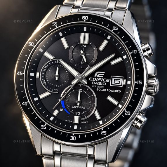 Casio Edifice Men's Steel Solar Chronograph with Black Dial and Sapphire Crystal 46mm