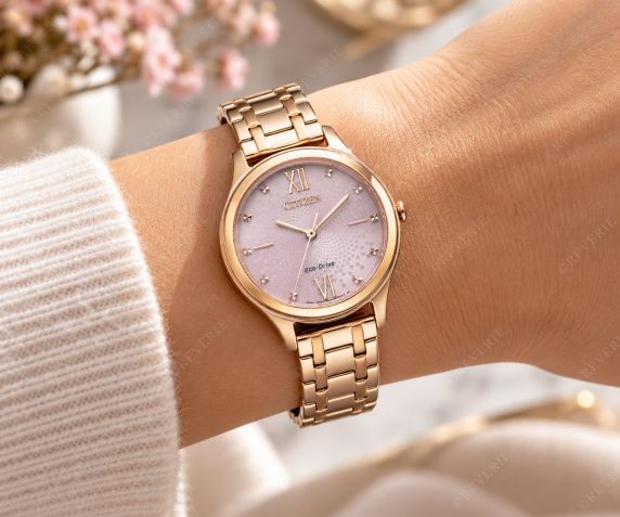 Citizen Eco-drive women's watch with mother-of-pearl dial | Rose gold-plated elegance with crystal hour markers and 180-day power reserve | EM0503-75X