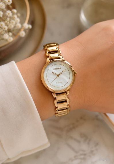 Citizen Eco-drive women's watch with mother-of-pearl dial | Rose gold-plated elegance with six months power reserve | EM0673-83D