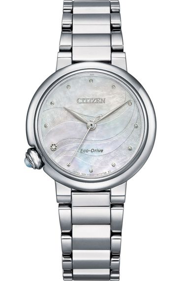 Citizen Eco-drive women's watch with diamond and mother-of-pearl | Elegant steel watch with gemstones in the crown and six months power reserve | EM0910-80D