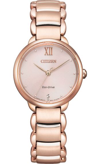 Citizen Eco-Drive women's watch in rose with diamond, Roman numerals, and sapphire crystal | EM0922-81X