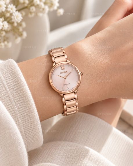 Citizen Eco-Drive women's watch in rose with diamond, Roman numerals, and sapphire crystal | EM0922-81X