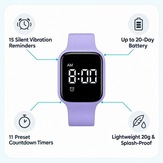 Break Timer Watch with Silent Alerts - Purple Digital Reminder FIBEX15V05