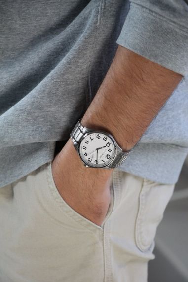 Titanium men's watch with white dial, large clear numbers, and date display on titanium bracelet from the Aistrup Titanium Sapphire collection | AIW7902