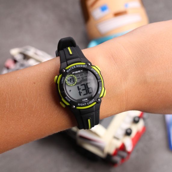 Kids Digital Sports Watch - Black & Neon Green Timer FIBEX76IP007